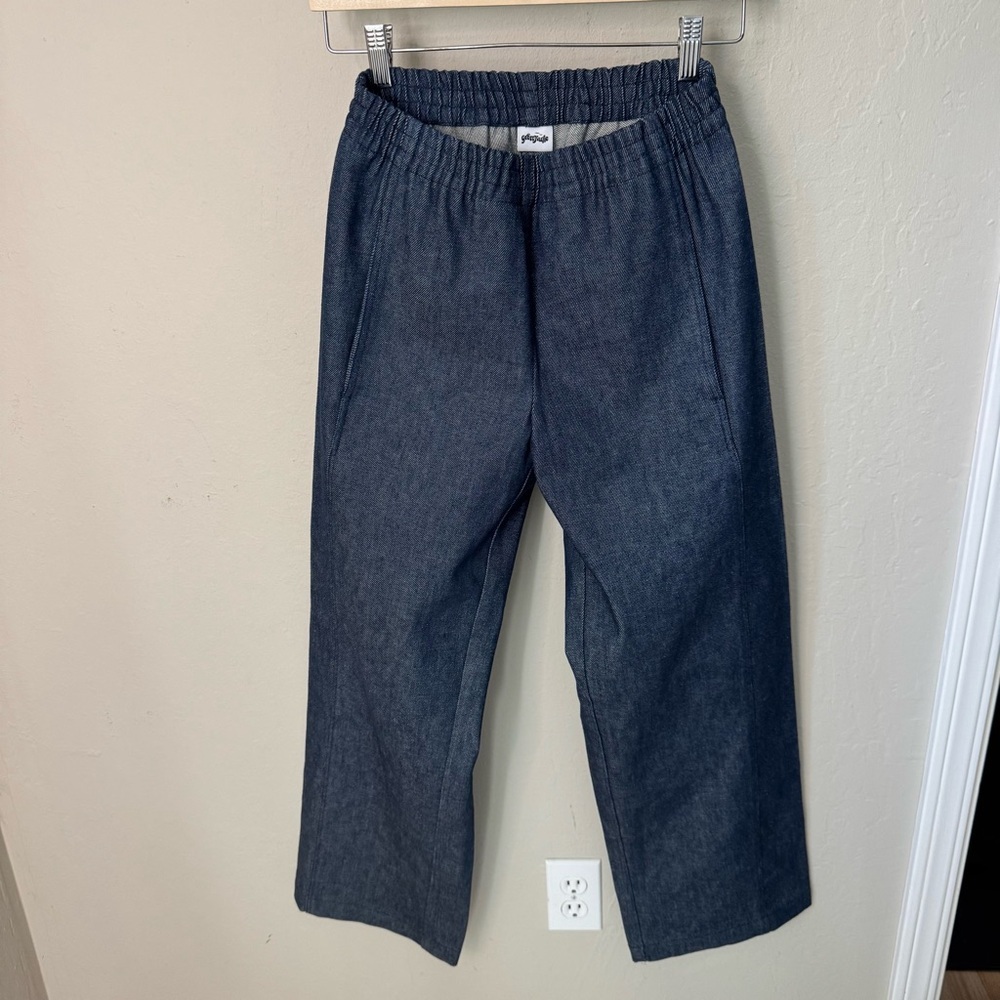 GRON KULLE Dark Denim Wide Leg Cropped Jeans Pants Pull On Elastic Waist - Picture 12 of 12